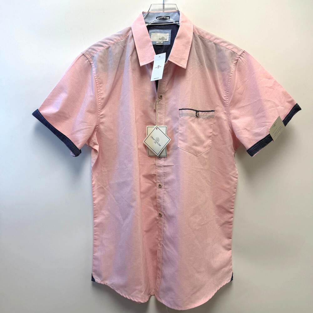 NWT Craft & Flow Men's Short Sleeve Button Front Shirt Pink Sz Large L